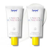 Supergoop! Unseen Sunscreen clear bottle on skin for makeup-ready protection.