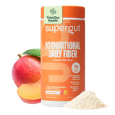 Supergut Foundational Daily Fiber Powder Peach Mango tub ready for easy daily use in beverages