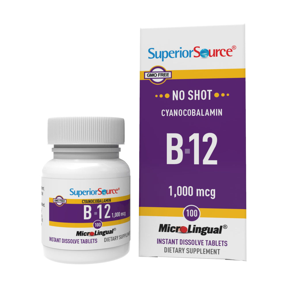 Superior Source B-12 bottle front shows 1000 mcg for energy support