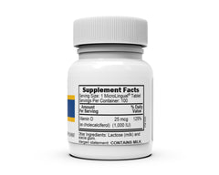 Bottled Vitamin D3 with label showing dosage and ingredients.