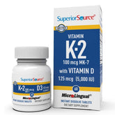 Superior Source K2 MK-7 D3 tablet close-up showing quick-dissolve action for daily wellness