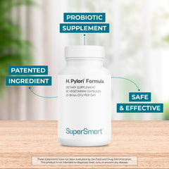 Zoomed view of Supersmart H. Pylori Formula bottle label highlighting Pylopass and ingredients.