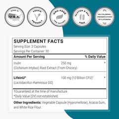 Two capsules with water showing easy daily dosage with Supersmart LGG.