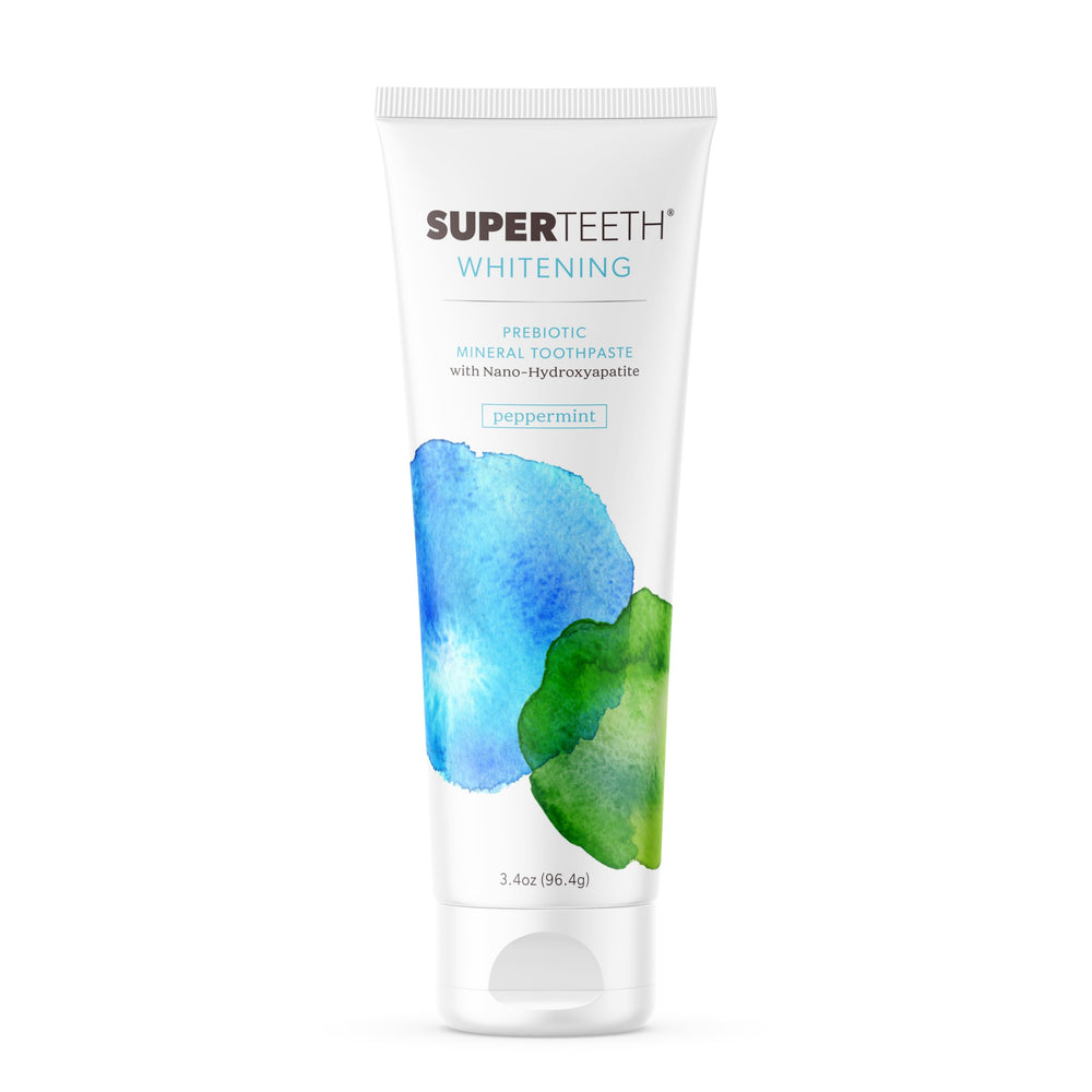 SuperTeeth whitening nano-hydroxyapatite toothpaste tube for enamel-safe whitening.