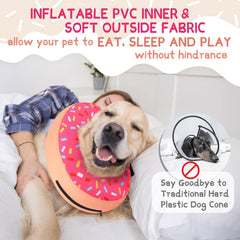 Supet donut collar on dog demonstrates comfortable recovery with clear visibility.