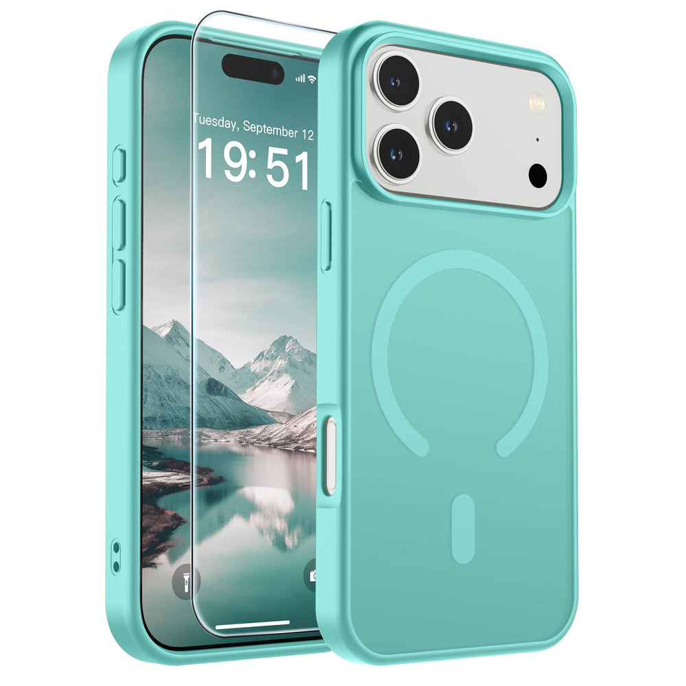 SUPFINE Magnetic case for iPhone 17 Pro Max with blue-green translucent back and fingerprint resistance.
