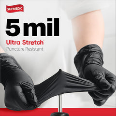 Supmedic black nitrile gloves with a smooth texture for tactile precision in detail work.