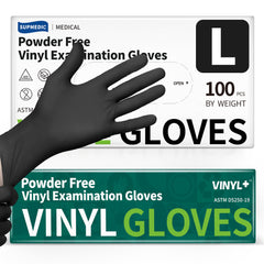 Supmedic black vinyl gloves on hand showing tactile grip for precise tasks