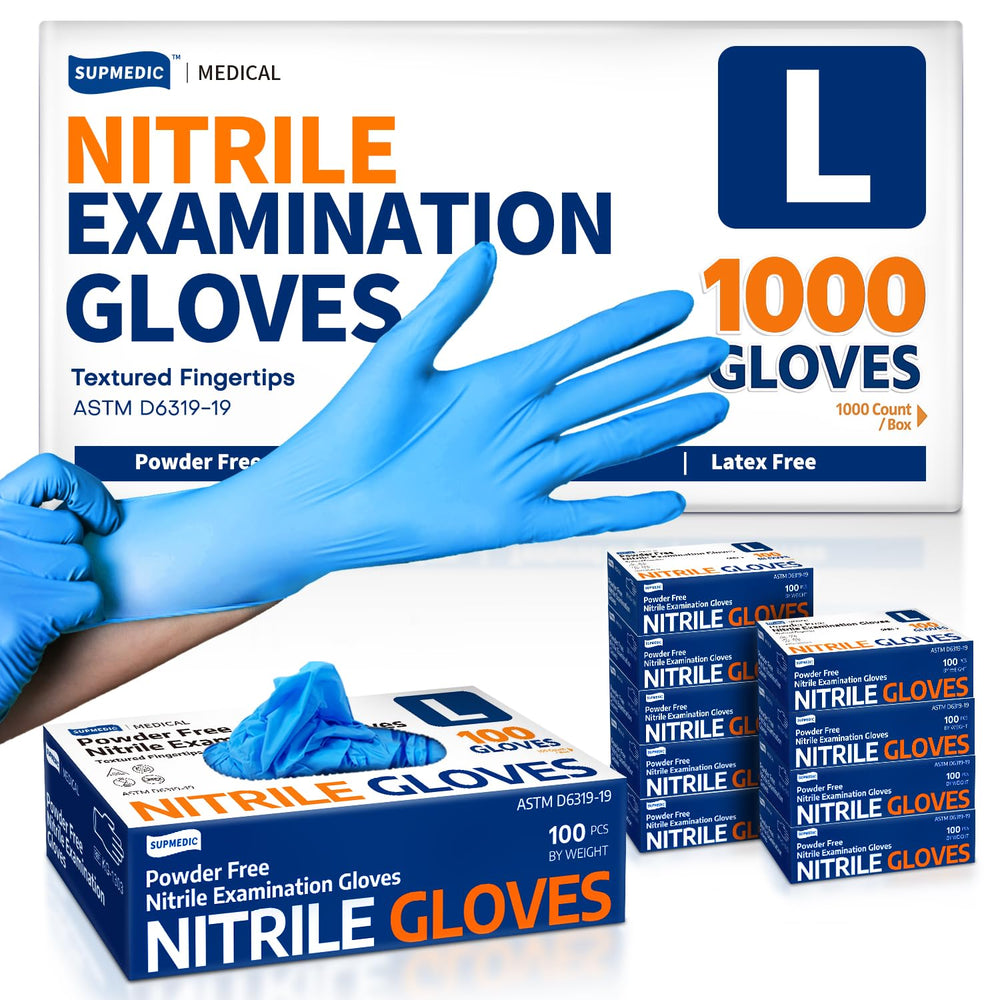 Supmedic nitrile exam gloves 3-5mil blue box for sterile protection during exams.