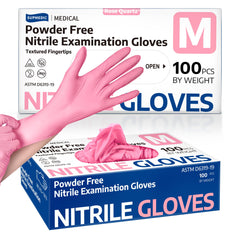 Supmedic nitrile exam gloves, rose quartz box front, showing packaging color and identity