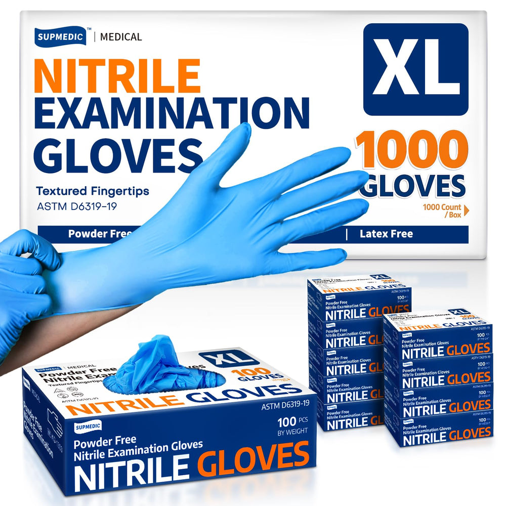 Supmedic nitrile gloves blue box, 3.5 mil, sturdy barrier for daily tasks.