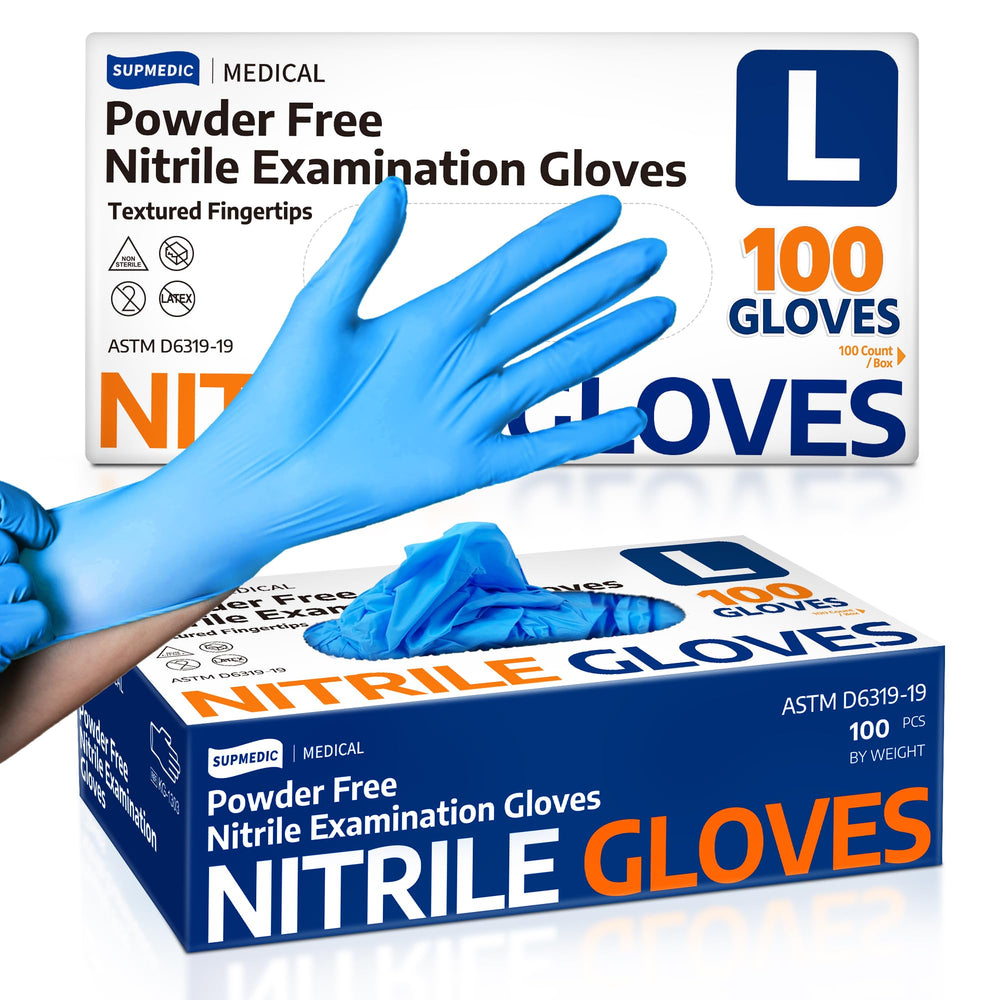Supmedic nitrile gloves blue box front, powder-free and latex-free for allergy-safe tasks