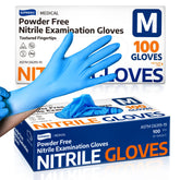 Supmedic nitrile gloves blue front view, latex-free and powder-free for sensitive hands.