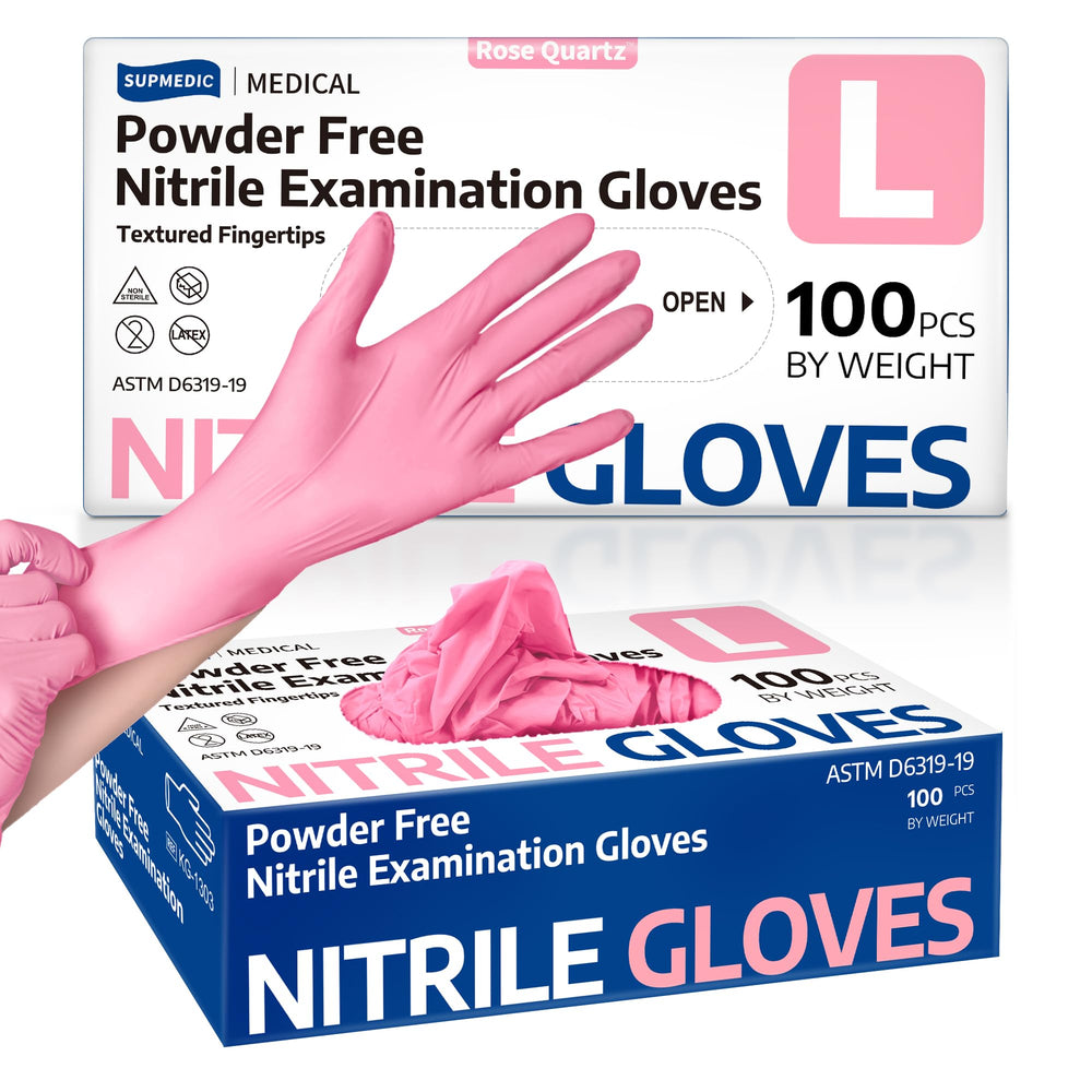 Supmedic rose quartz nitrile gloves pack; comfort for sensitive hands.