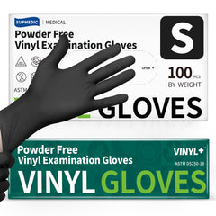 Supmedic vinyl gloves in black 4 mil foreground with strong barrier and grip.