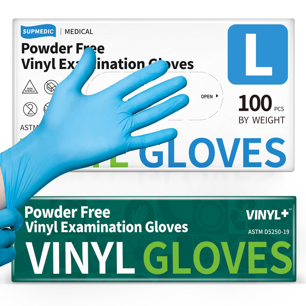 Supmedic vinyl disposable exam gloves in blue for medical exams and lab tasks