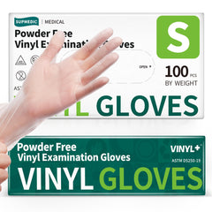 Supmedic vinyl disposable gloves box close-up showing bulk packaging for easy stocking