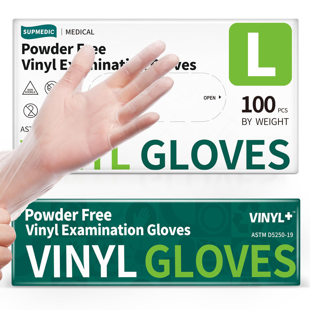 Supmedic vinyl disposable exam gloves in clear 4 mil for precise tactile feedback.