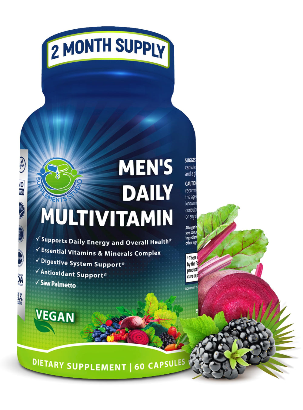 SUPPLEMENTS STUDIO Men's Daily Multivitamin bottle with easy-to-swallow capsules for energy.