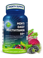 SUPPLEMENTS STUDIO Men's Daily Multivitamin 50+ bottle closeup shows a vegan capsule for daily wellness.