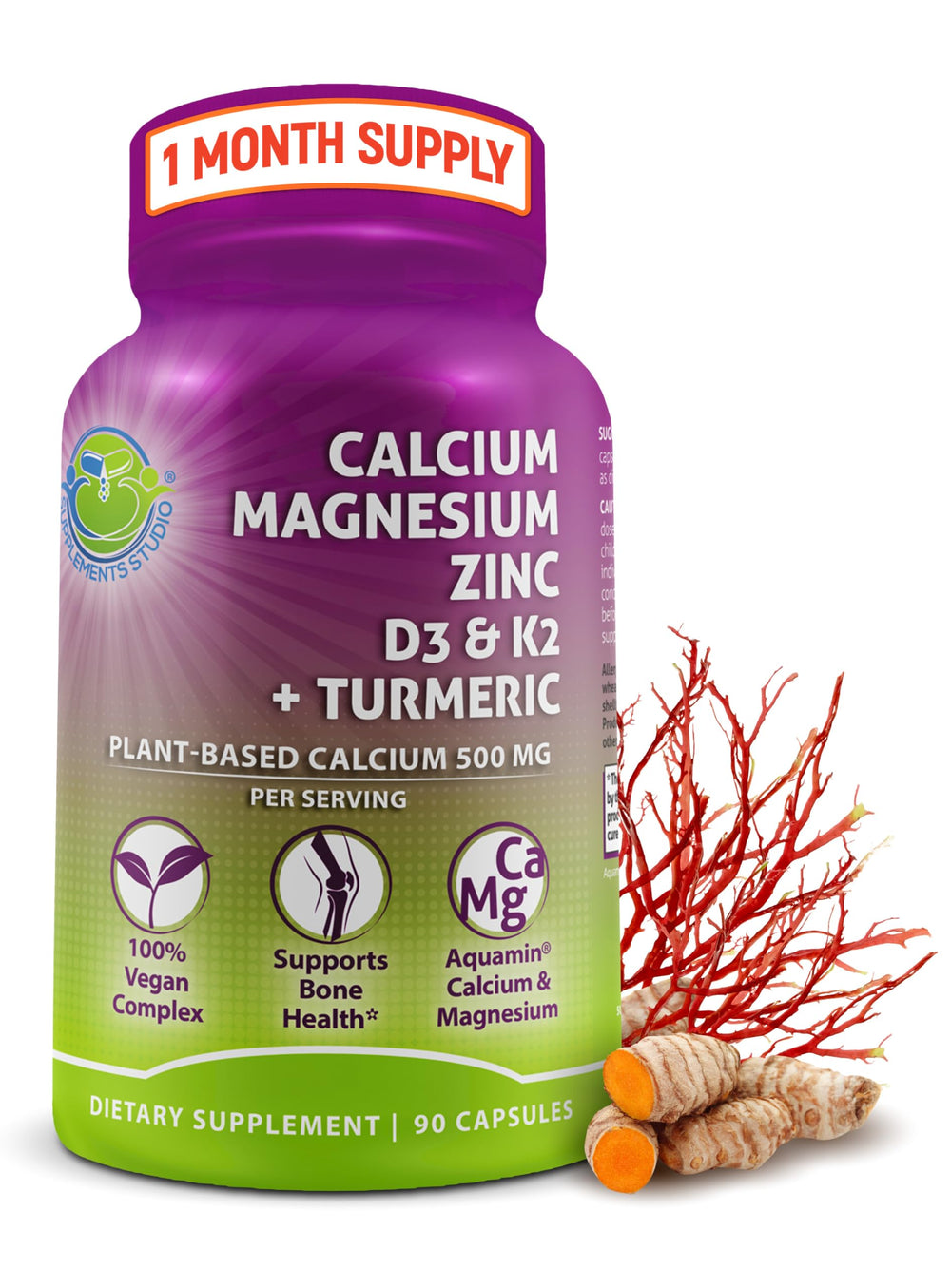 SUPPLEMENTS STUDIO Plant-Based Calcium Aquamin bottle supports vegan bone health.