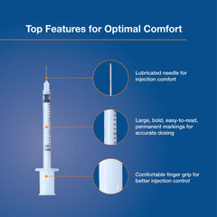 SureComfort U-100 syringe with clear, bold dose markings for accurate dosing.