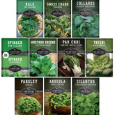 SURVIVAL GARDEN SEEDS 10 Power Greens seed packets ready for year-round harvest.
