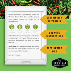Survival Garden Seeds serrano peppers for bright heat in salsas