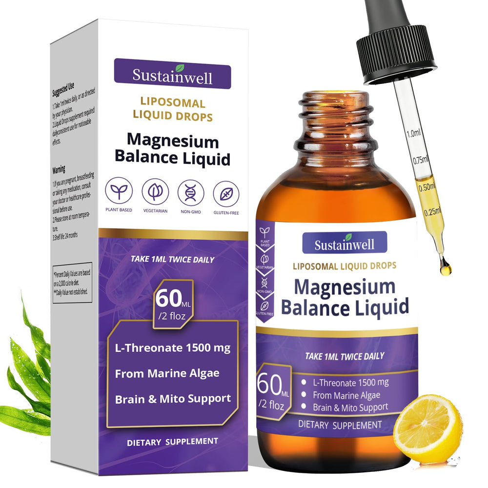 SustainWell Magnesium L-Threonate Drops bottle highlights convenient brain-support for focus.
