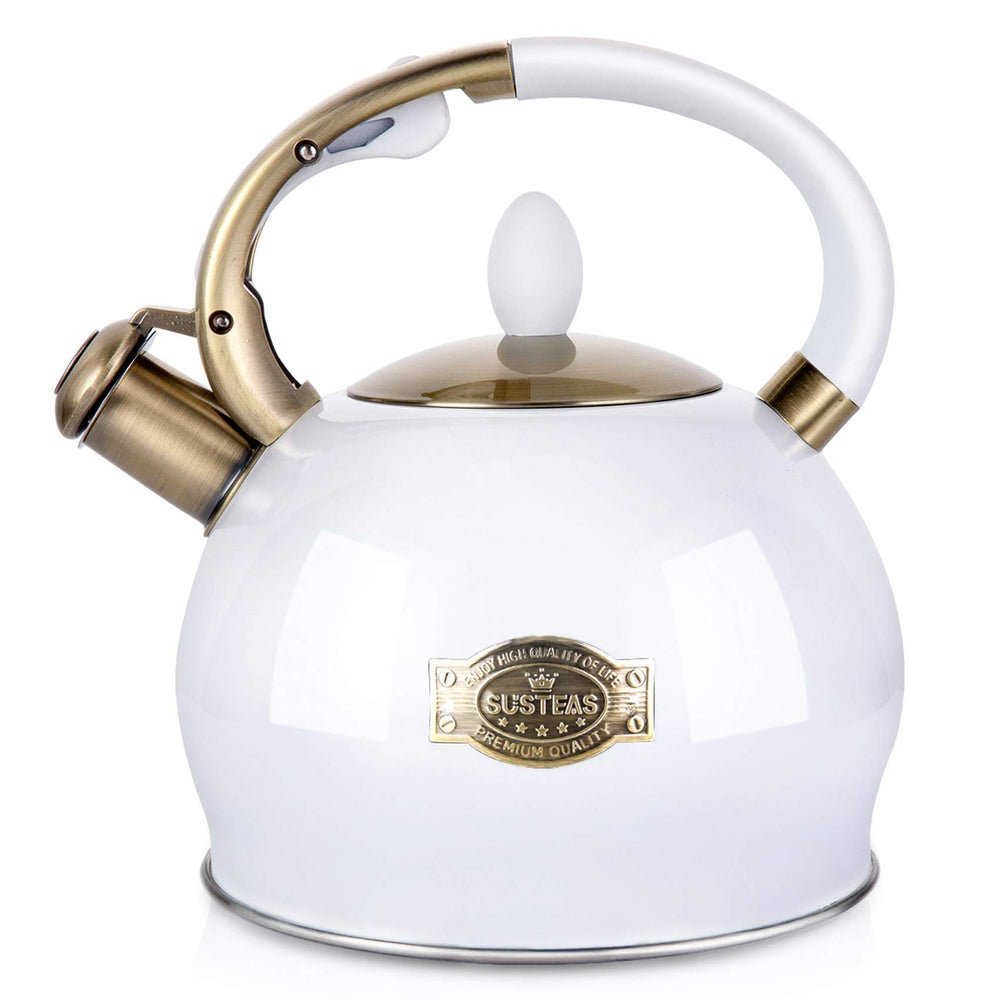 SUSTEAS stove top tea kettle in white, full view, ready to boil.