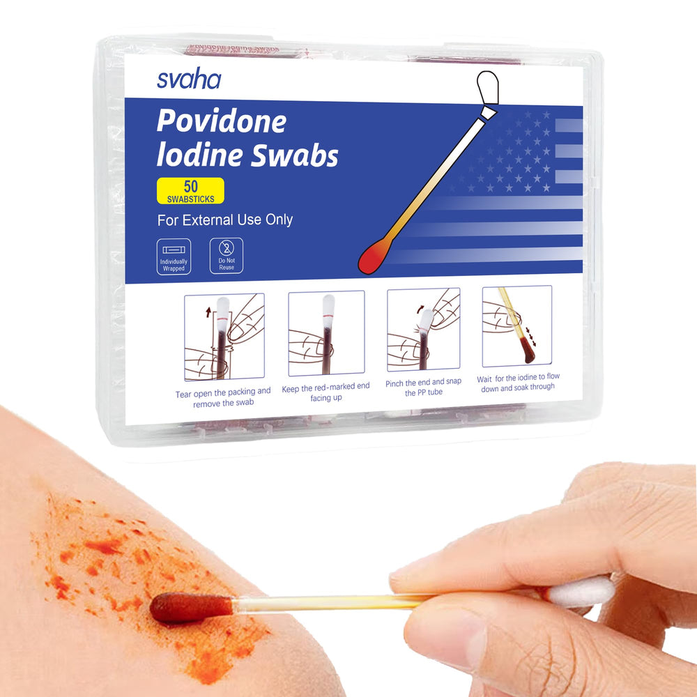 Svaha povidone iodine swabs, 50-count package for quick first aid readiness.