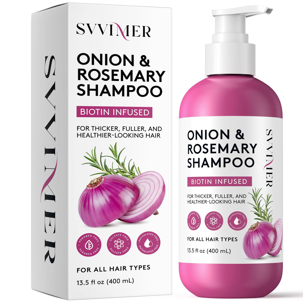 Svvimer Onion Rosemary Biotin Shampoo bottle highlights volumizing formula for fuller-looking hair