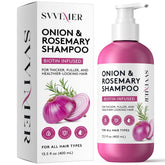 Svvimer Onion Rosemary Biotin Shampoo bottle highlights volumizing formula for fuller-looking hair