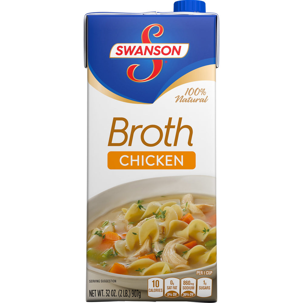 Swanson Chicken Broth six-pack cartons on shelf, convenient pantry staple.