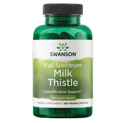 Swanson full spectrum milk thistle bottle highlighting 500 mg per serving for liver support.