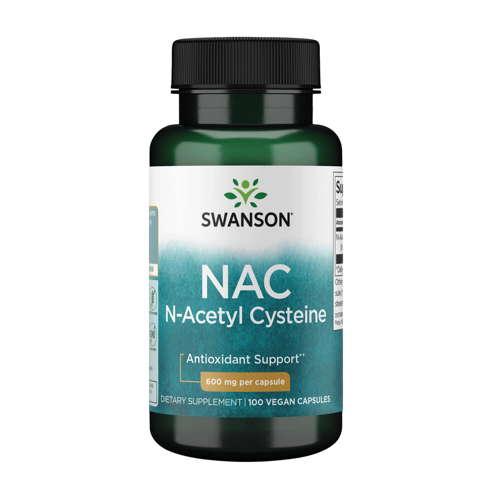 Swanson NAC 600 mg bottle front view signaling liver health and detox potential.