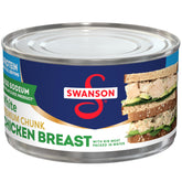 Swanson S 25% less sodium chicken in water can label highlights ready-to-use chunks for quick meals.