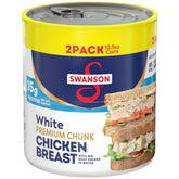 Swanson S white premium chunk chicken breast in water can in a 2-pack, ready for quick meals.