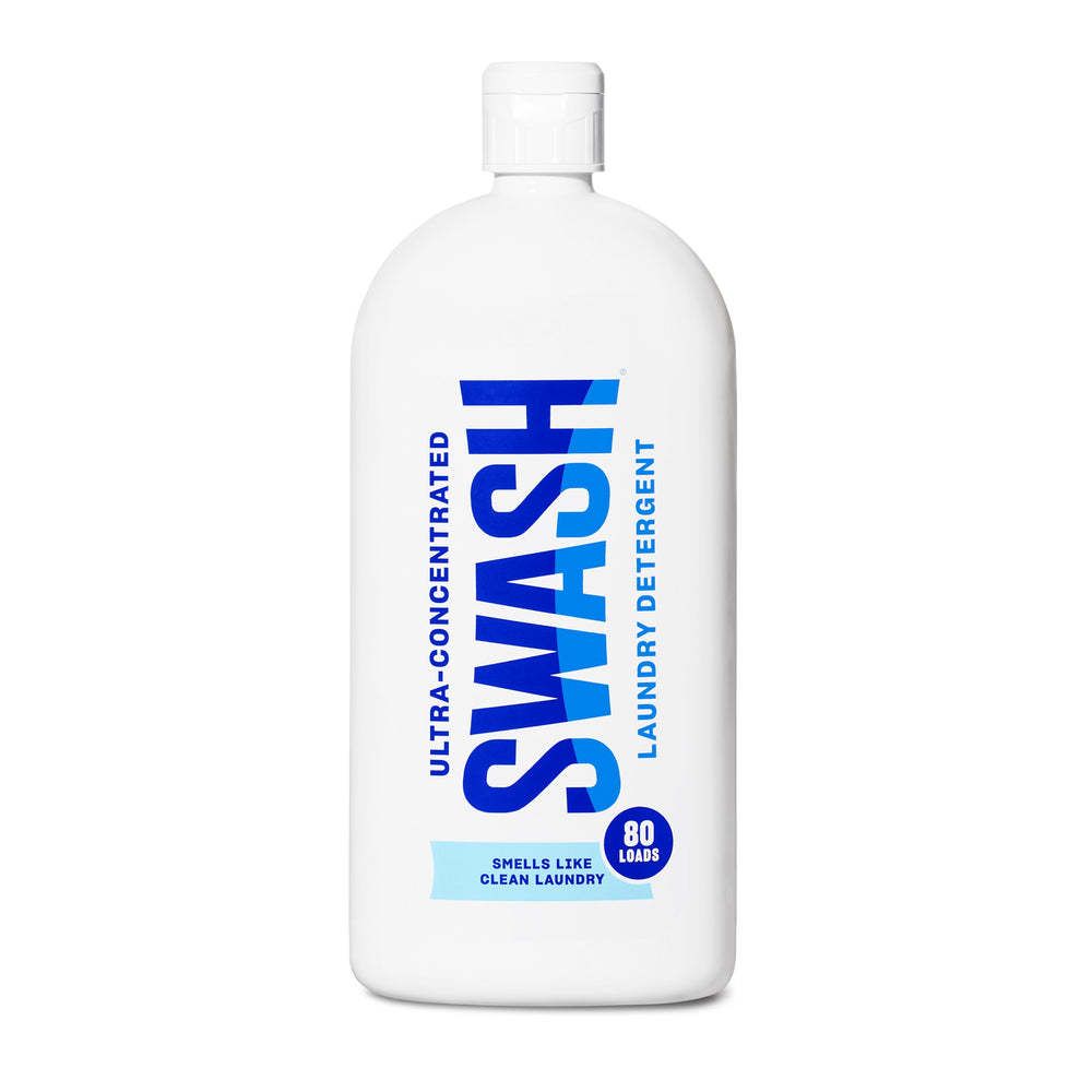 Swash Smells Like Clean Laundry bottle-front shows compact, phosphate-free design for easy storage and freshness.