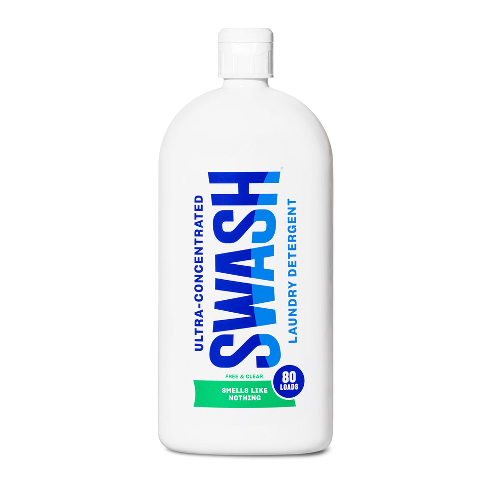 Swash Smells Like Nothing bottle close-up showing fragrance-free detergent for sensitive skin
