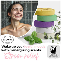 SWCANDY steamers dissolving in shower releasing fragrance during a relaxing morning routine.