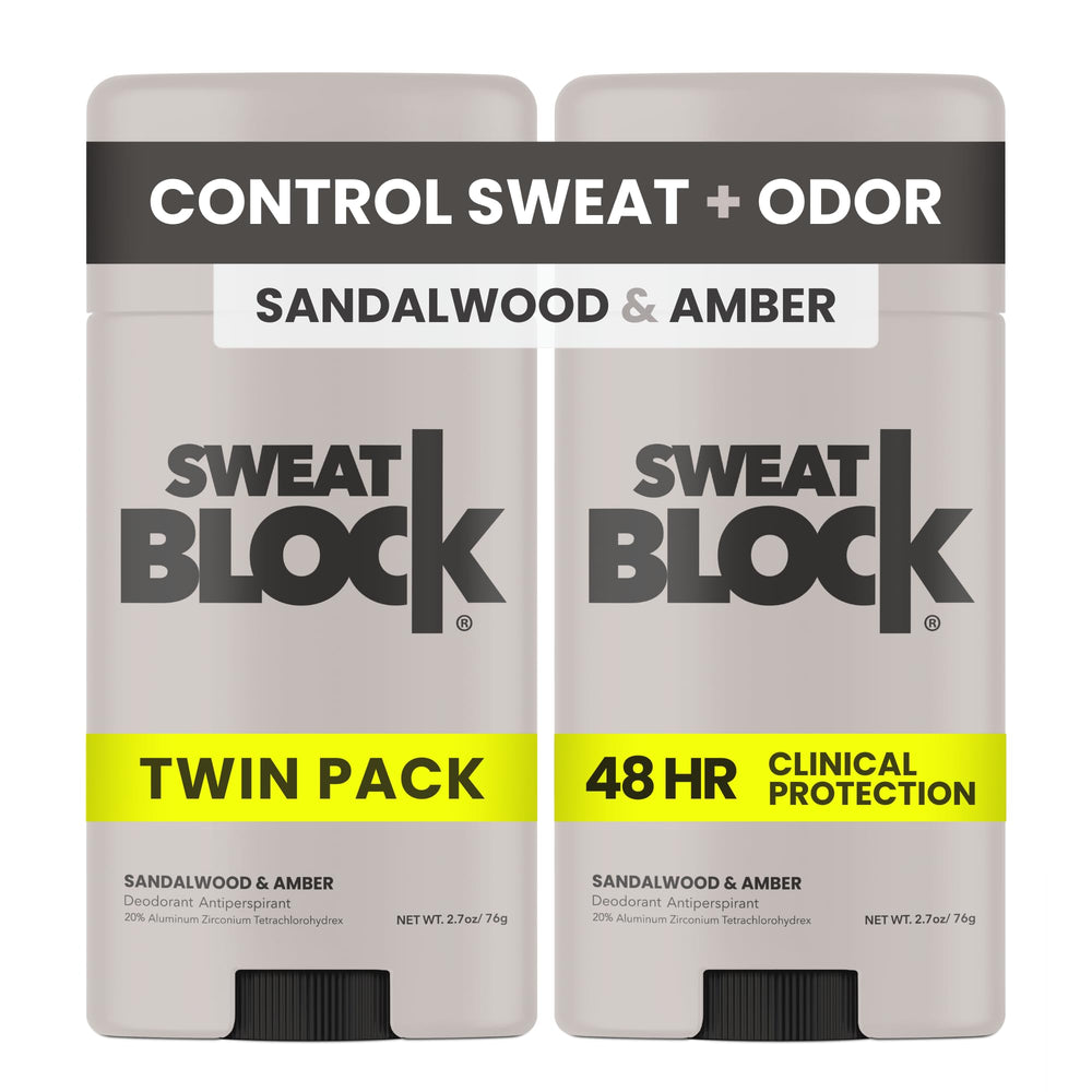 SweatBlock clinical-strength deodorant stick with sandalwood-amber scent for daily protection.
