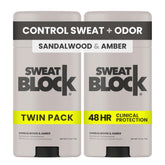 SweatBlock clinical-strength deodorant stick with sandalwood-amber scent for daily protection.