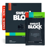 SweatBlock Clinical Strength XL wipes pack shown in sealed packaging for powerful sweat protection.