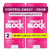 SweatBlock coconut vanilla deodorant stick ready for daily use with a fresh scent effect