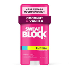 SweatBlock women's deodorant bottle with coconut-vanilla scent for all-day freshness.