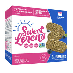 Sweet Loren's gluten-free vegan blueberry breakfast biscuits front pack, ideal for quick mornings
