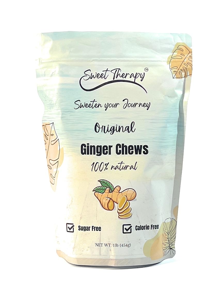 Sweet Therapy Ginger Chews packaging highlights real ginger and zero sugar.