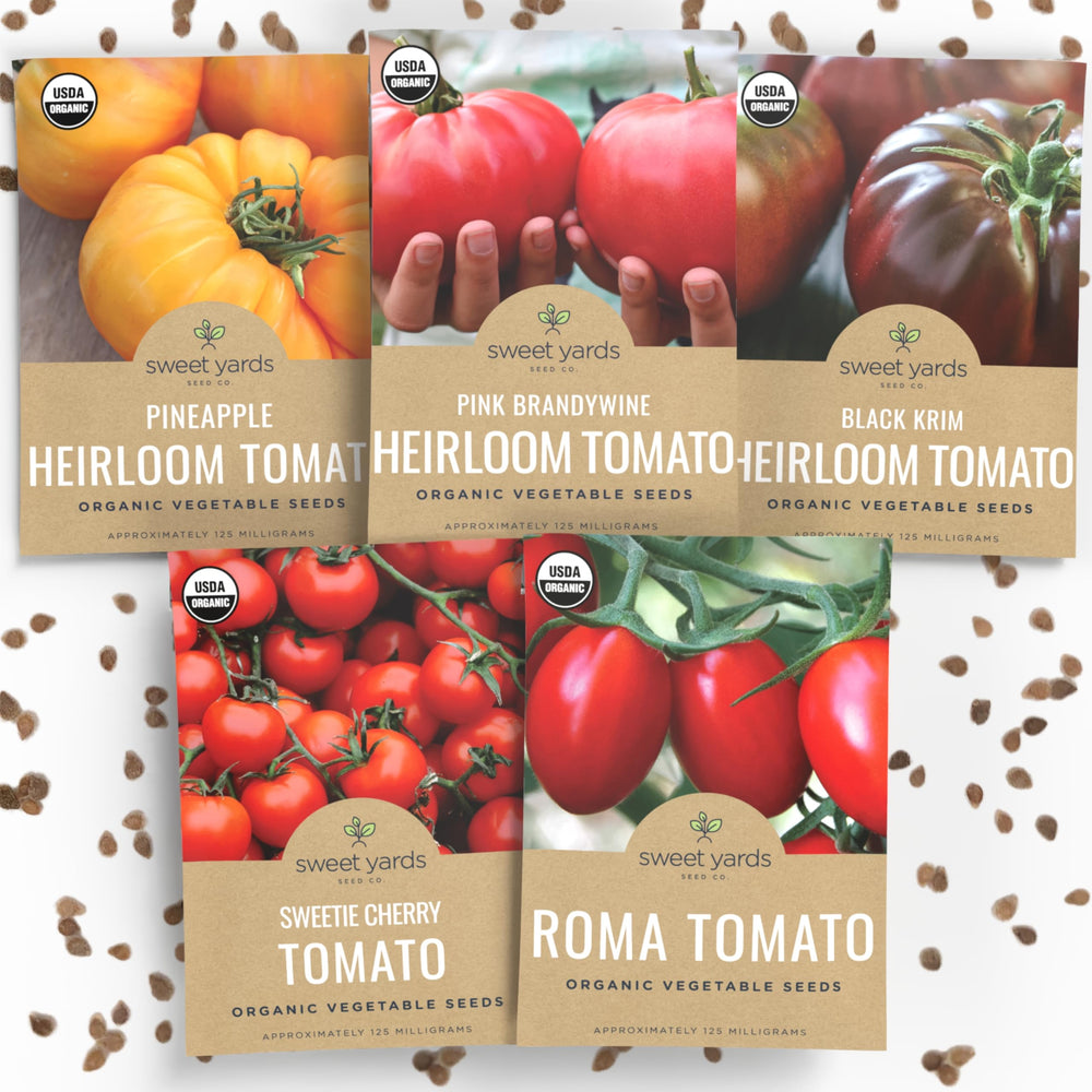 Sweet Yards organic tomato seed packaging shown for gifting and storage.