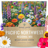 Sweet Yards pacific northwest wildflower mix seed packet front, ideal for pollinator-friendly gardens.